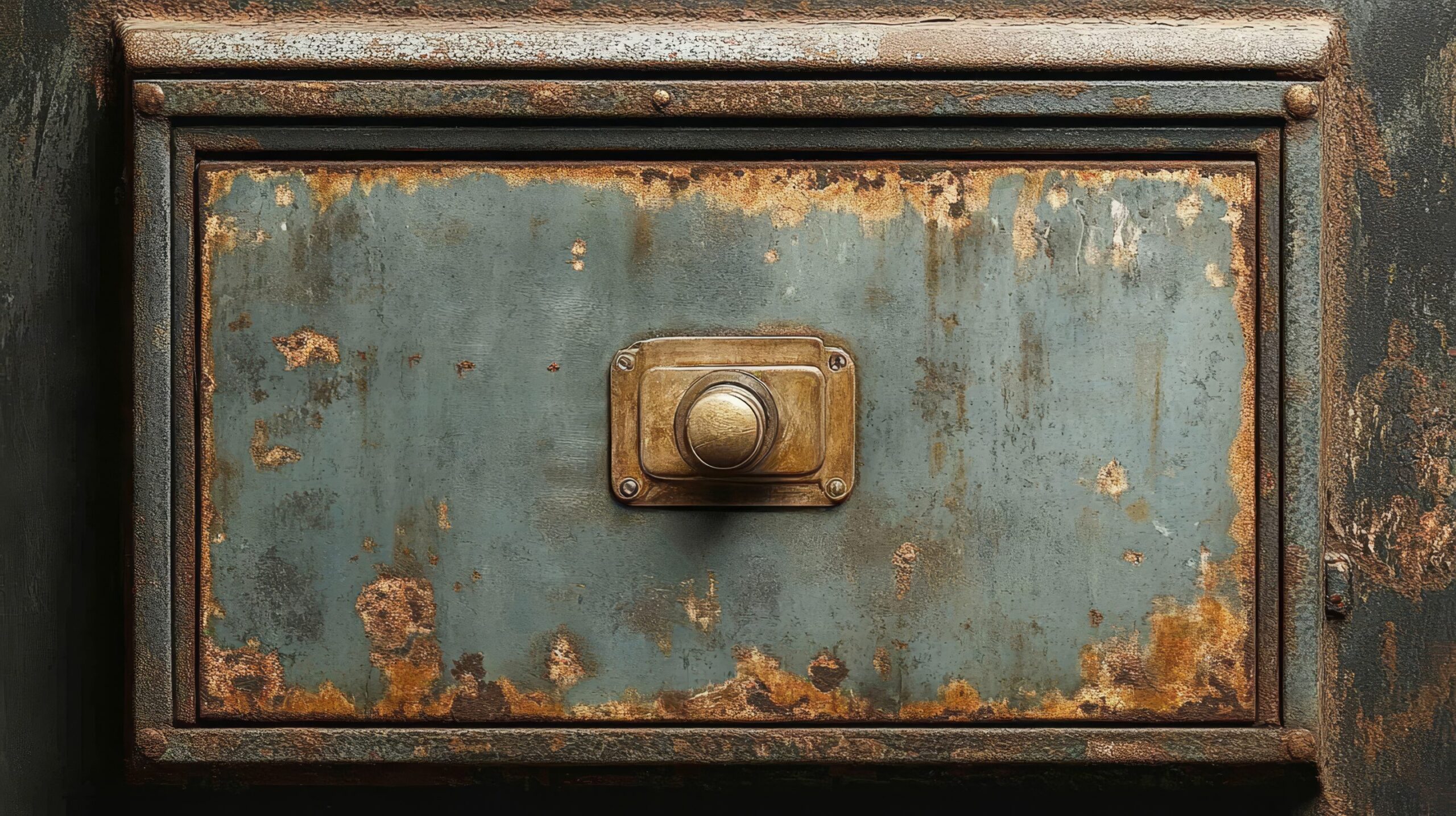 Rugged, raw finish style. A close-up shot of a rusty metal drawer with a brass knob. The drawer is old and weathered, with visible signs of wear and tear. The brass knob adds a touch of elegance to the rustic aesthetic. This image symbolizes time, resilience, and the passage of time.