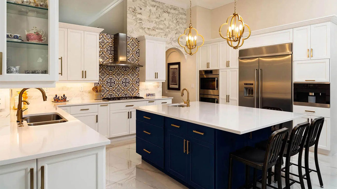 Golden kitchen with Moroccan tile backsplash