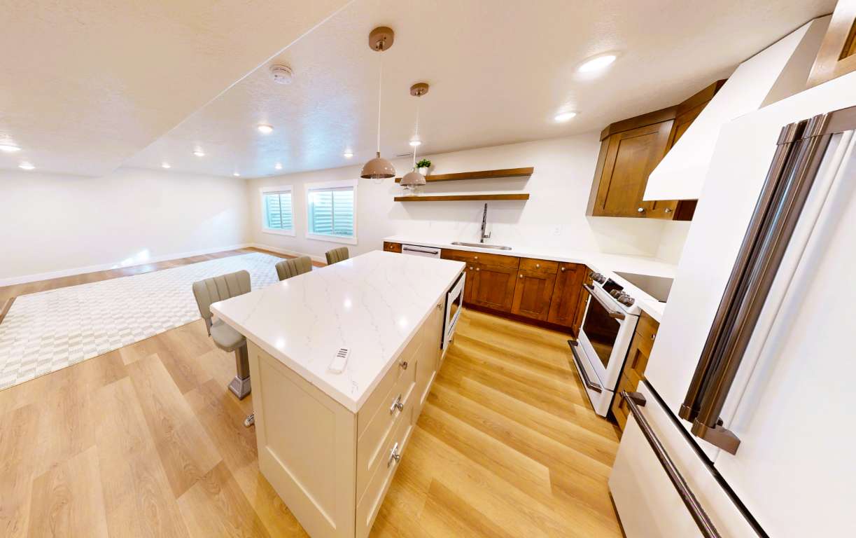 Remodeled basement kitchen and living area
